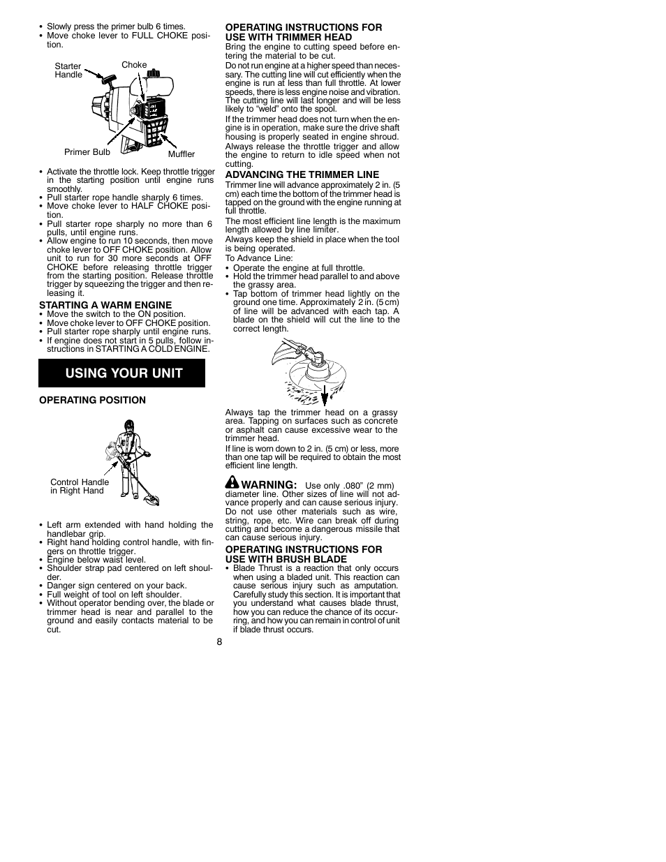 Using your unit | Weed Eater 530087645 User Manual | Page 8 / 12