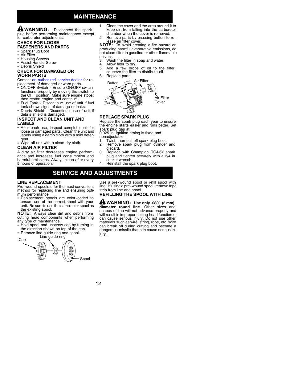 Maintenance, Service and adjustments | Weed Eater 530088154 User Manual | Page 12 / 16
