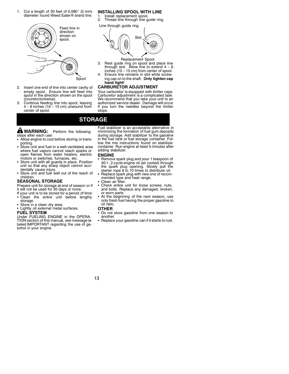 Storage | Weed Eater 530088154 User Manual | Page 13 / 16
