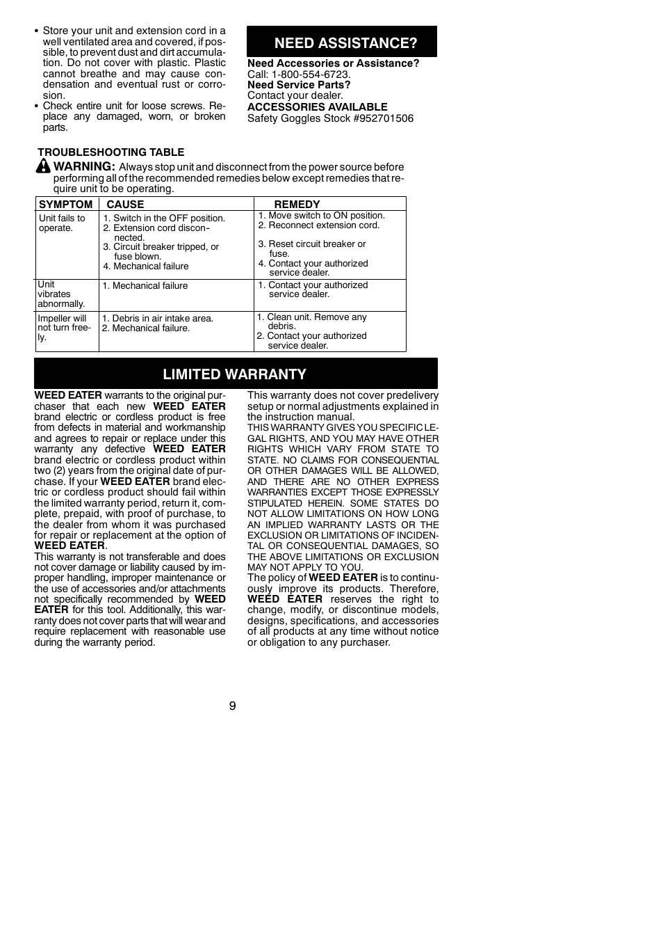 Need assistance, Limited warranty | Weed Eater 2695 User Manual | Page 9 / 9