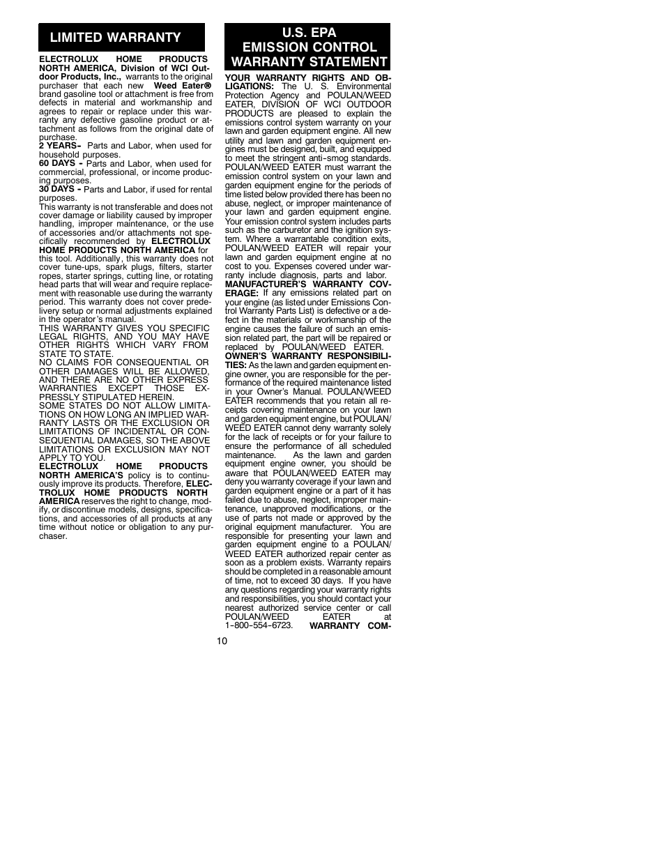 Limited warranty, U.s. epa emission control warranty statement | Weed Eater 530088774 User Manual | Page 10 / 11