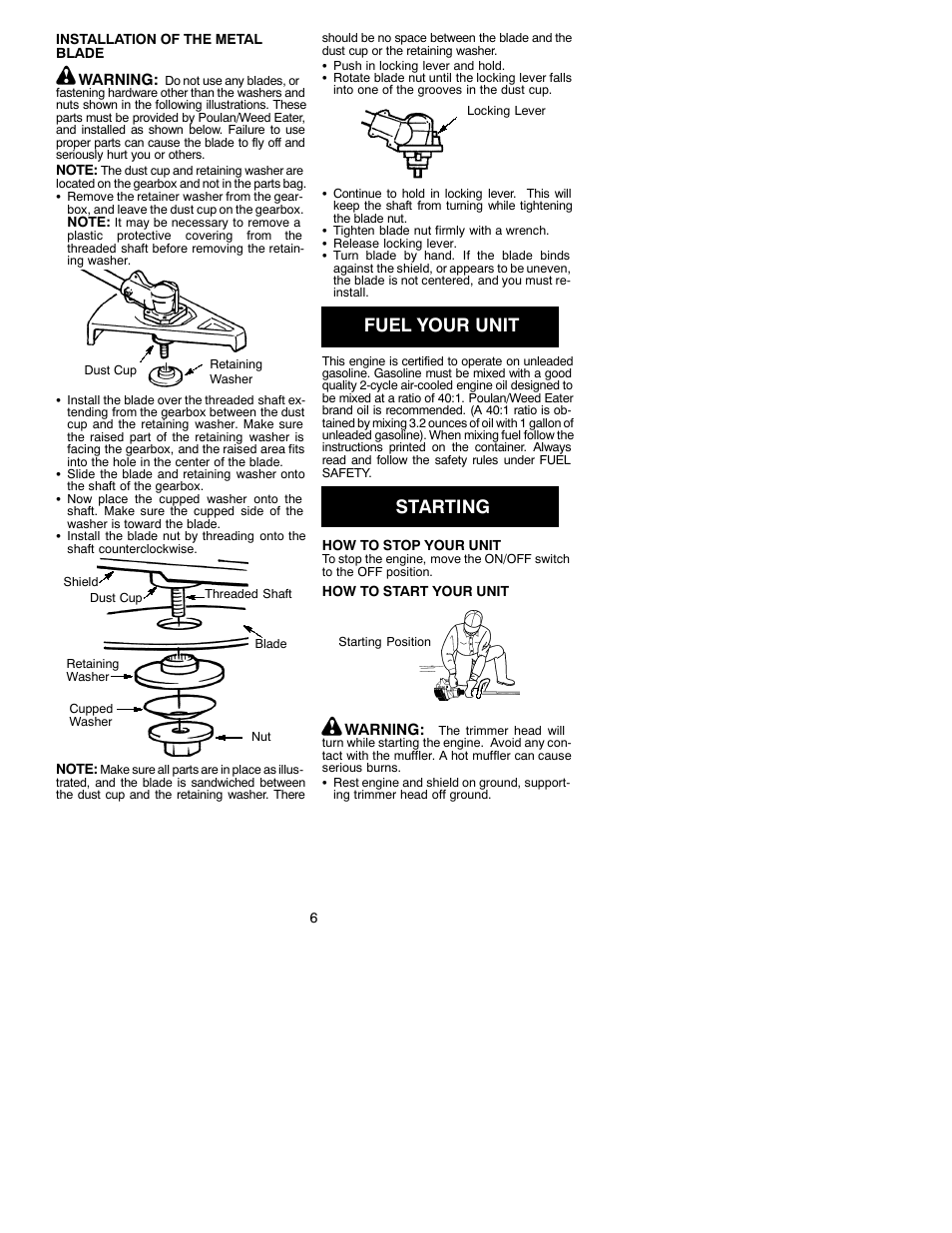 Fuel your unit, Starting | Weed Eater 530088774 User Manual | Page 6 / 11