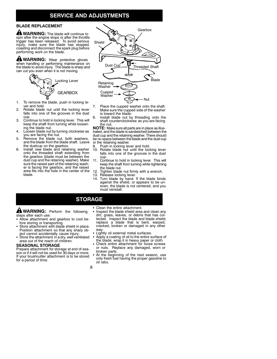 Service and adjustments, Storage | Weed Eater 530086792 User Manual | Page 8 / 9