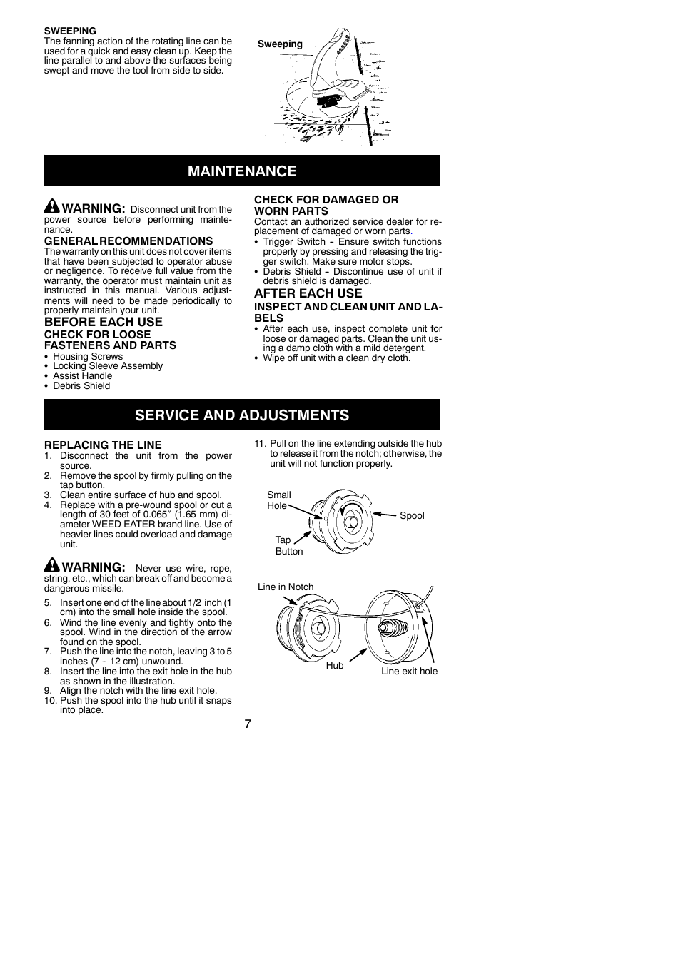 Maintenance, Service and adjustments | Weed Eater 952711865 User Manual | Page 7 / 9