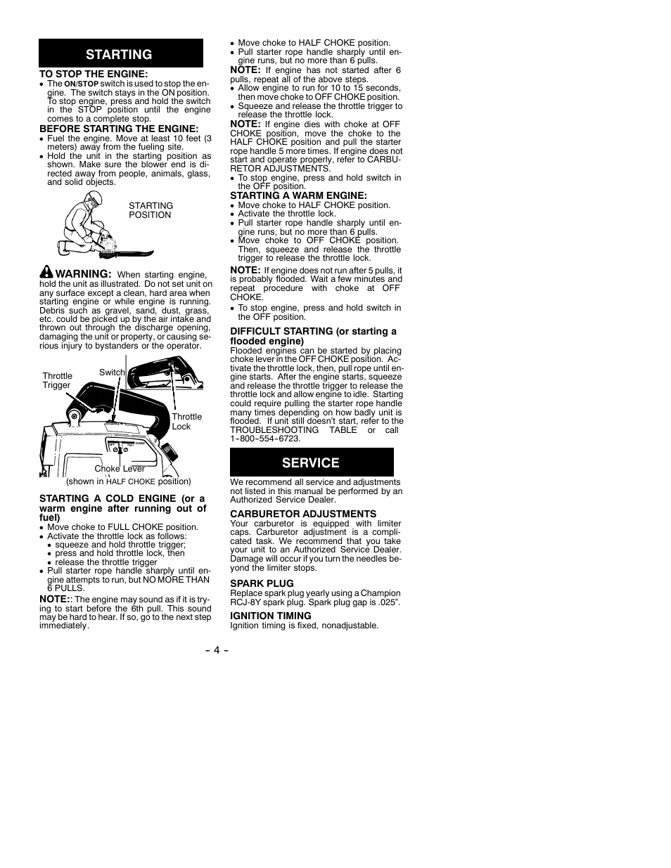 Safety rules, Starting, Service | Weed Eater TWISTER SB180 User Manual | Page 4 / 6