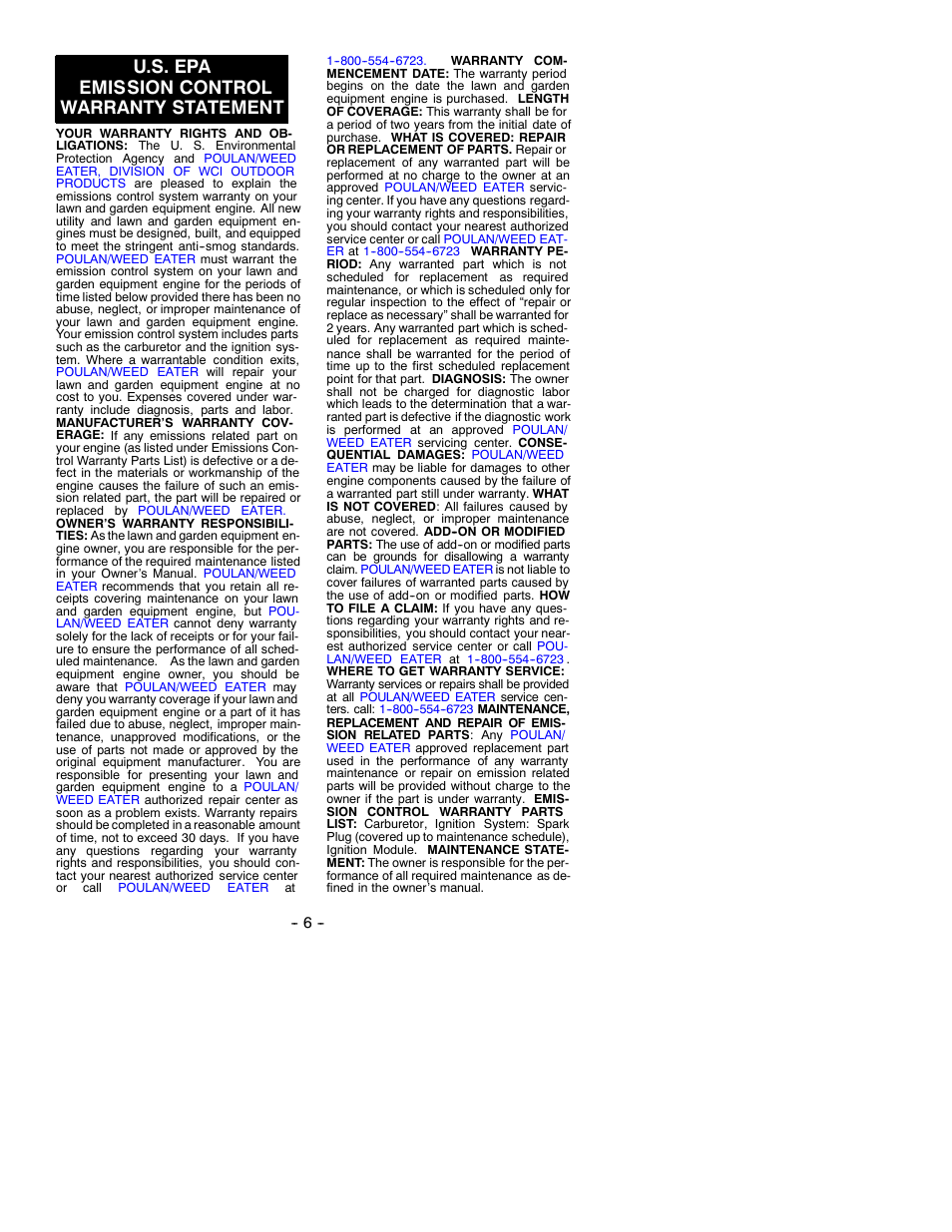 U.s. epa emission control warranty statement | Weed Eater TWISTER SB180 User Manual | Page 6 / 6