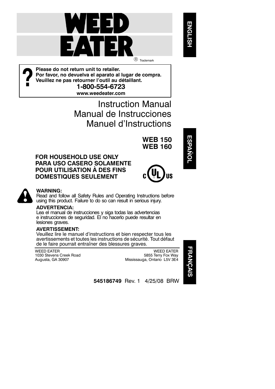 Weed Eater WEB160 User Manual | 8 pages