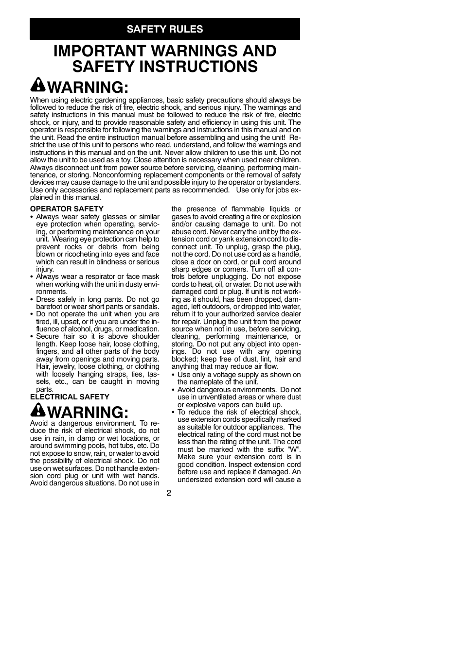 Important warnings and safety instructions warning, Warning, Safety rules | Weed Eater WEB160 User Manual | Page 2 / 8
