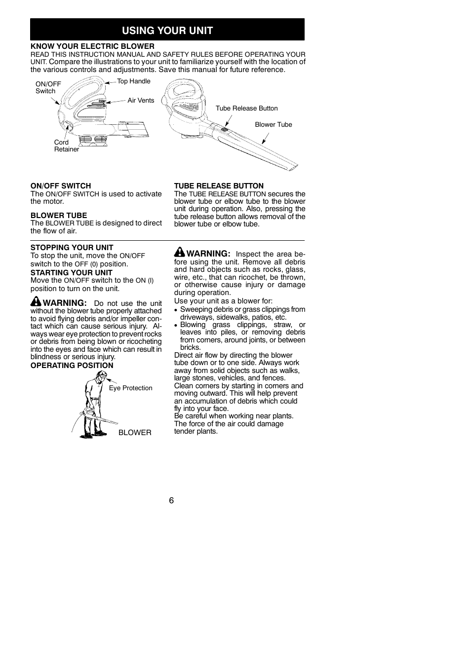 Using your unit | Weed Eater WEB160 User Manual | Page 6 / 8