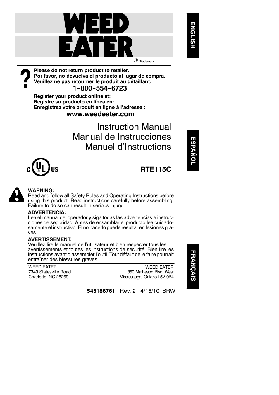 Weed Eater 952711866 User Manual | 10 pages