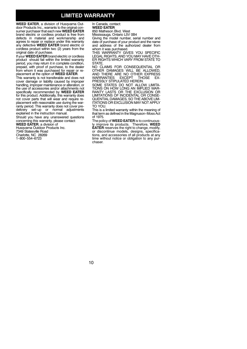 Limited warranty | Weed Eater 952711866 User Manual | Page 10 / 10