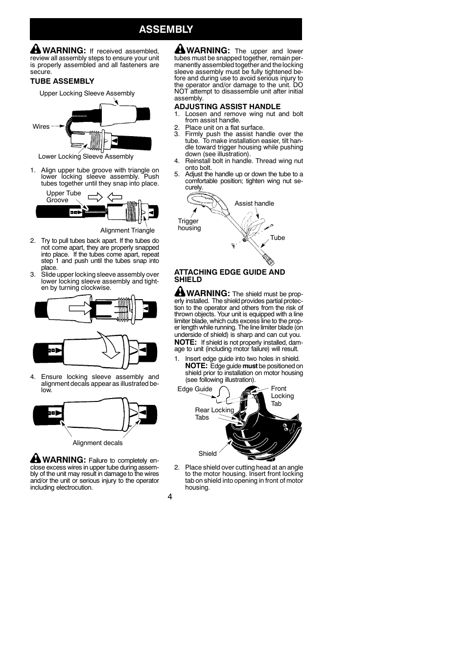Assembly, Warning | Weed Eater 952711866 User Manual | Page 4 / 10