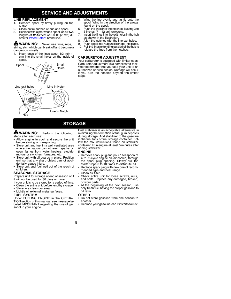 Service and adjustments, Storage | Weed Eater 530086927 User Manual | Page 8 / 11