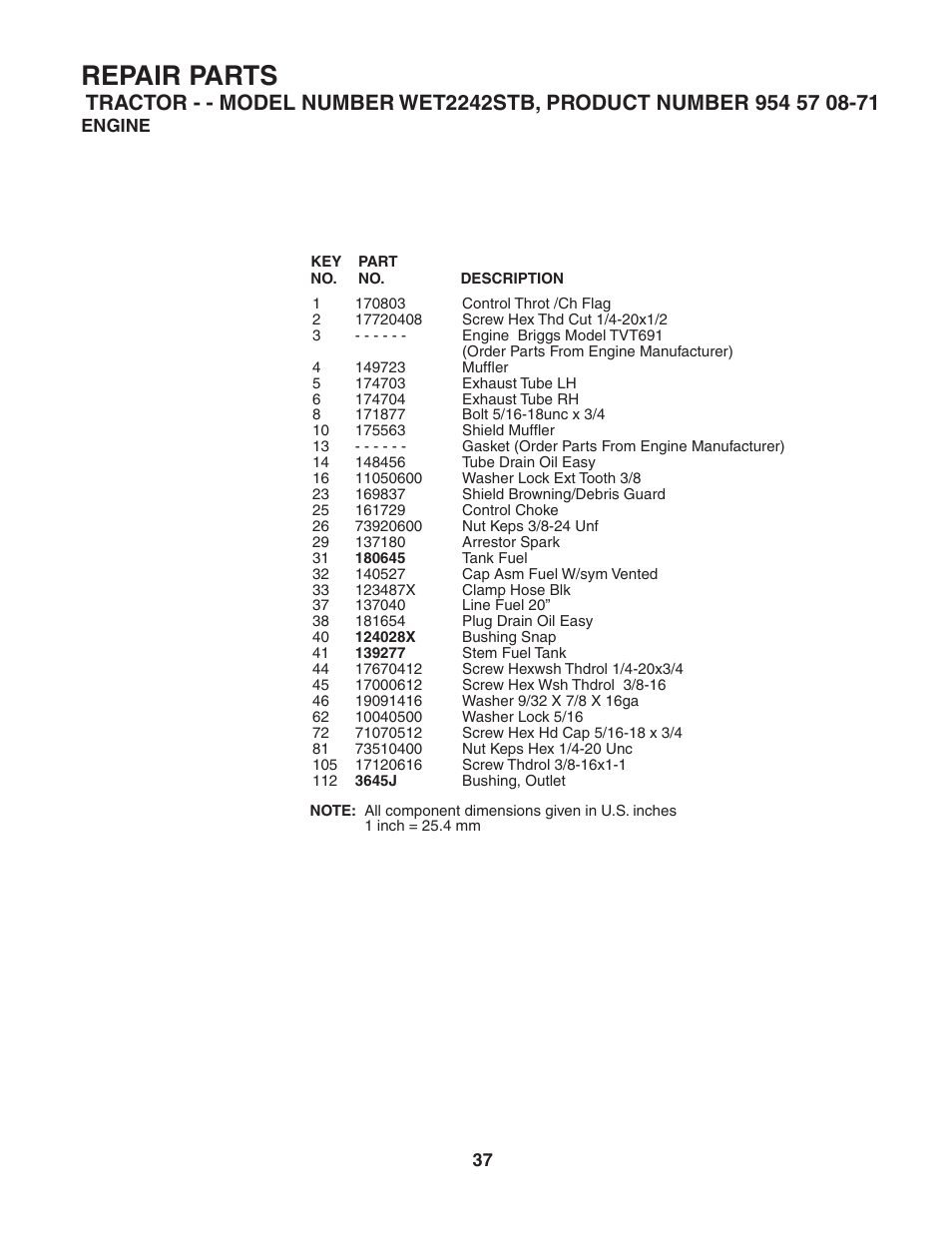 Repair parts | Weed Eater 186849 User Manual | Page 37 / 48