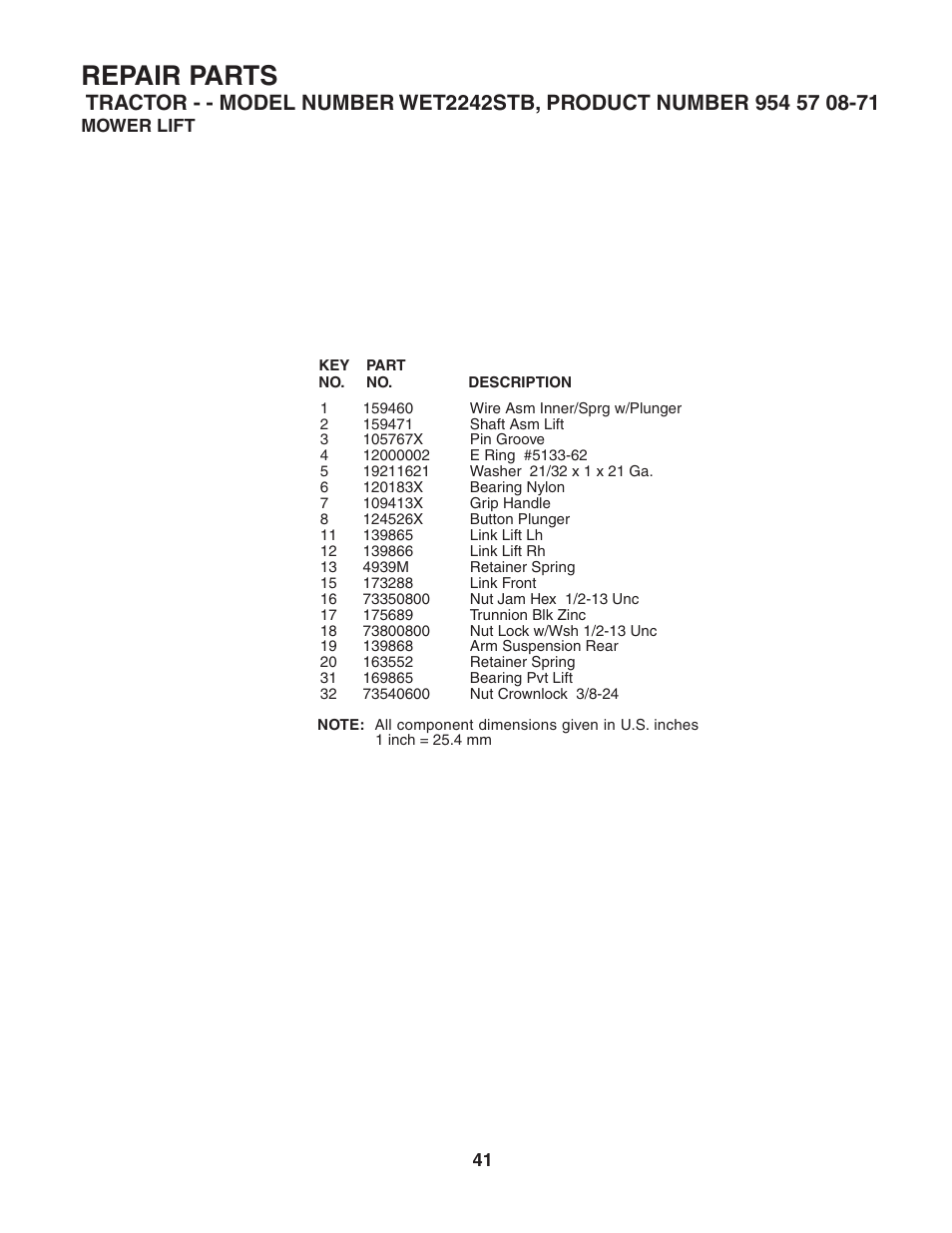 Repair parts | Weed Eater 186849 User Manual | Page 41 / 48