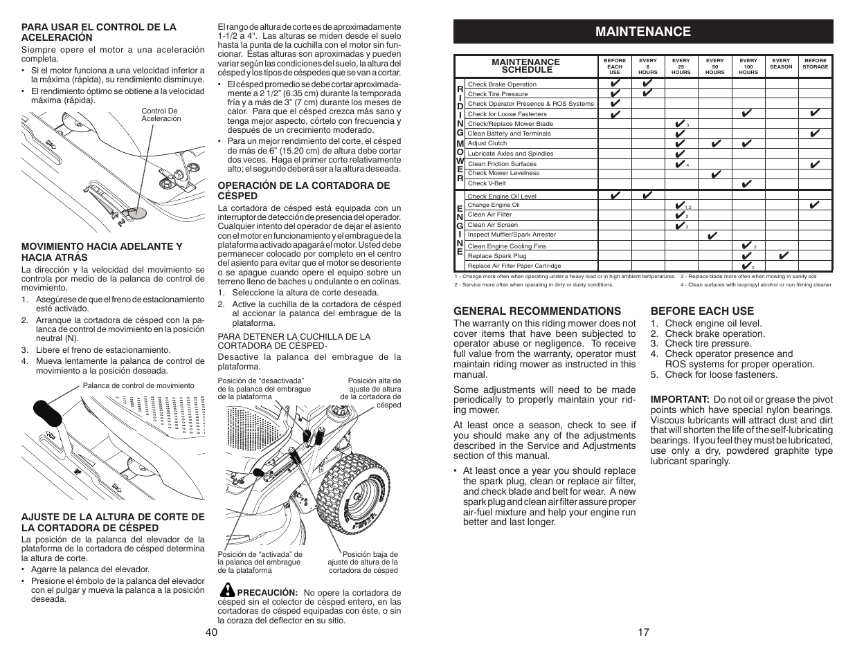 Maintenance, General recommendations, Before each use | Weed Eater WELRVBA30 User Manual | Page 17 / 28