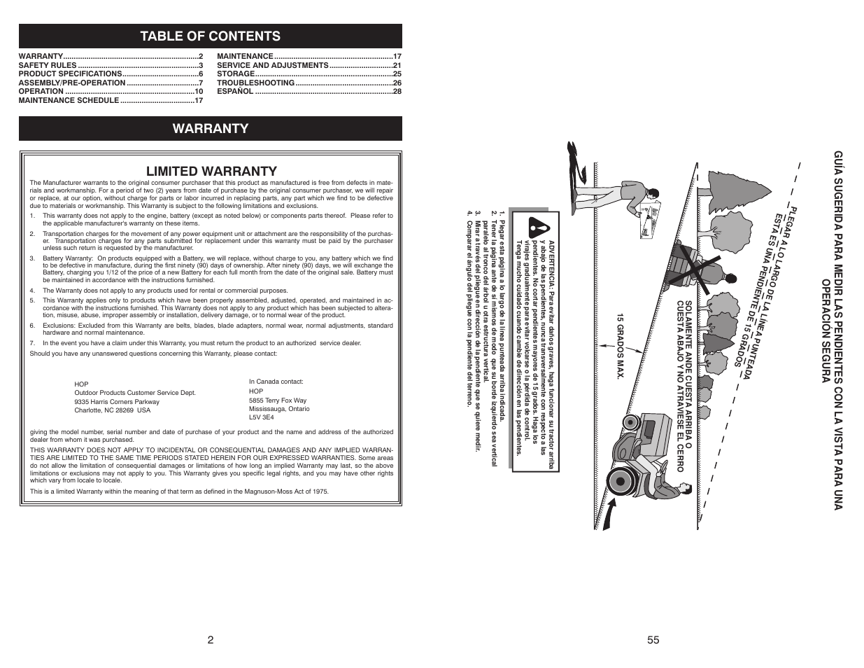 Table of contents warranty limited warranty | Weed Eater WELRVBA30 User Manual | Page 2 / 28