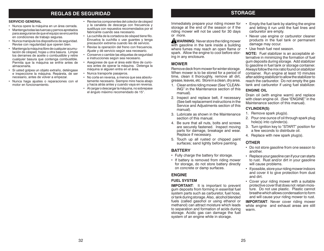 Reglas de seguridad, Storage | Weed Eater WELRVBA30 User Manual | Page 25 / 28