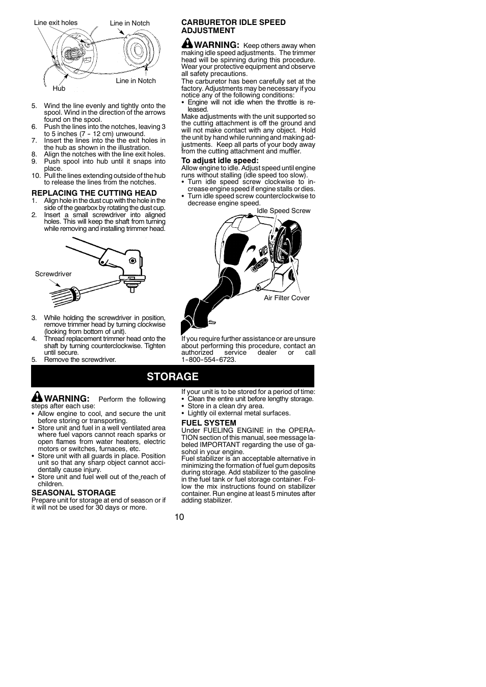 Storage, Warning | Weed Eater 545186832 User Manual | Page 10 / 13