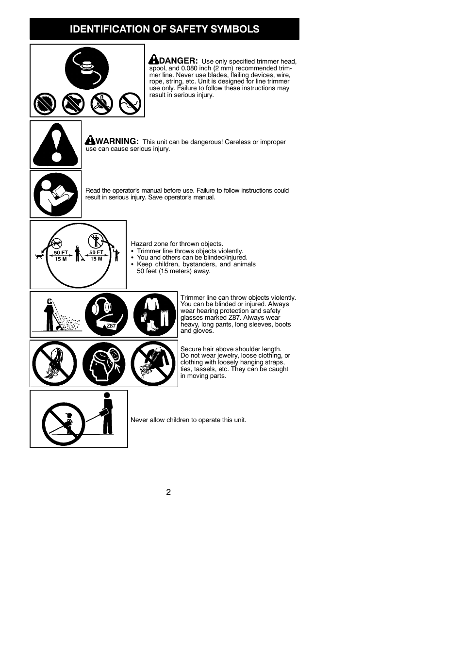 Identification of safety symbols | Weed Eater 545186832 User Manual | Page 2 / 13