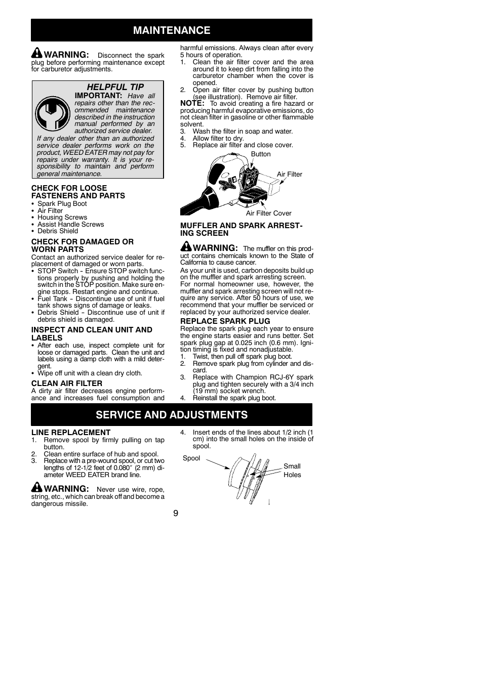 Maintenance, Service and adjustments, Warning | Helpful tip | Weed Eater 545186832 User Manual | Page 9 / 13