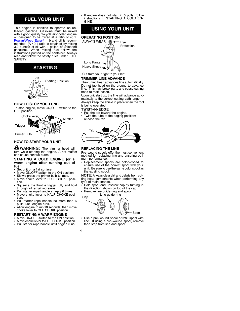 Fuel your unit, Starting, Using your unit | Weed Eater TWIST-N-EDGE 530088895 User Manual | Page 4 / 8