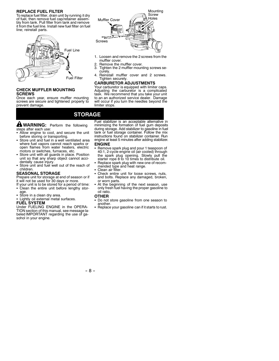 Storage | Weed Eater 530088127 User Manual | Page 8 / 11