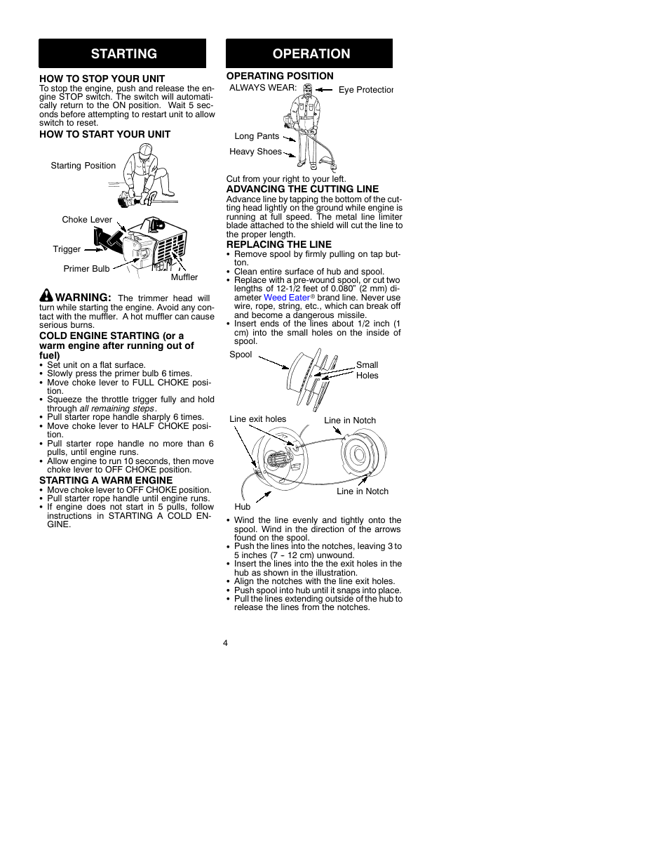 Starting, Operation | Weed Eater 530088833 User Manual | Page 4 / 7