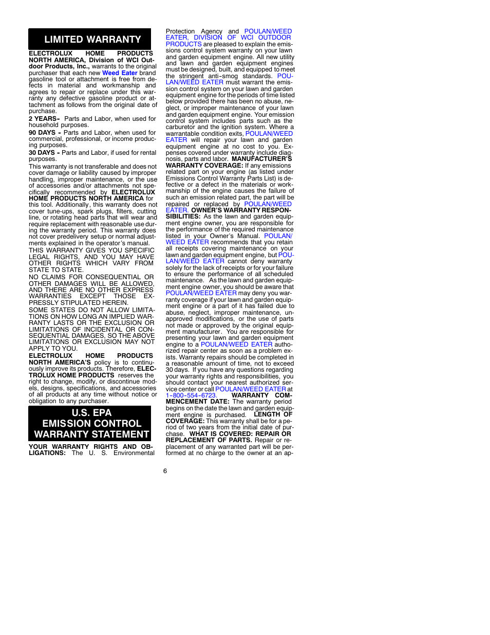 Limited warranty, U.s. epa emission control warranty statement | Weed Eater 530088833 User Manual | Page 6 / 7