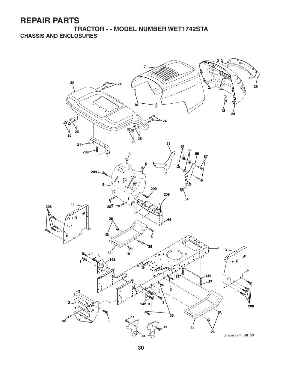Repair parts, Tractor - - model number wet1742sta, Chassis and enclosures | Weed Eater WET1742STA User Manual | Page 30 / 48