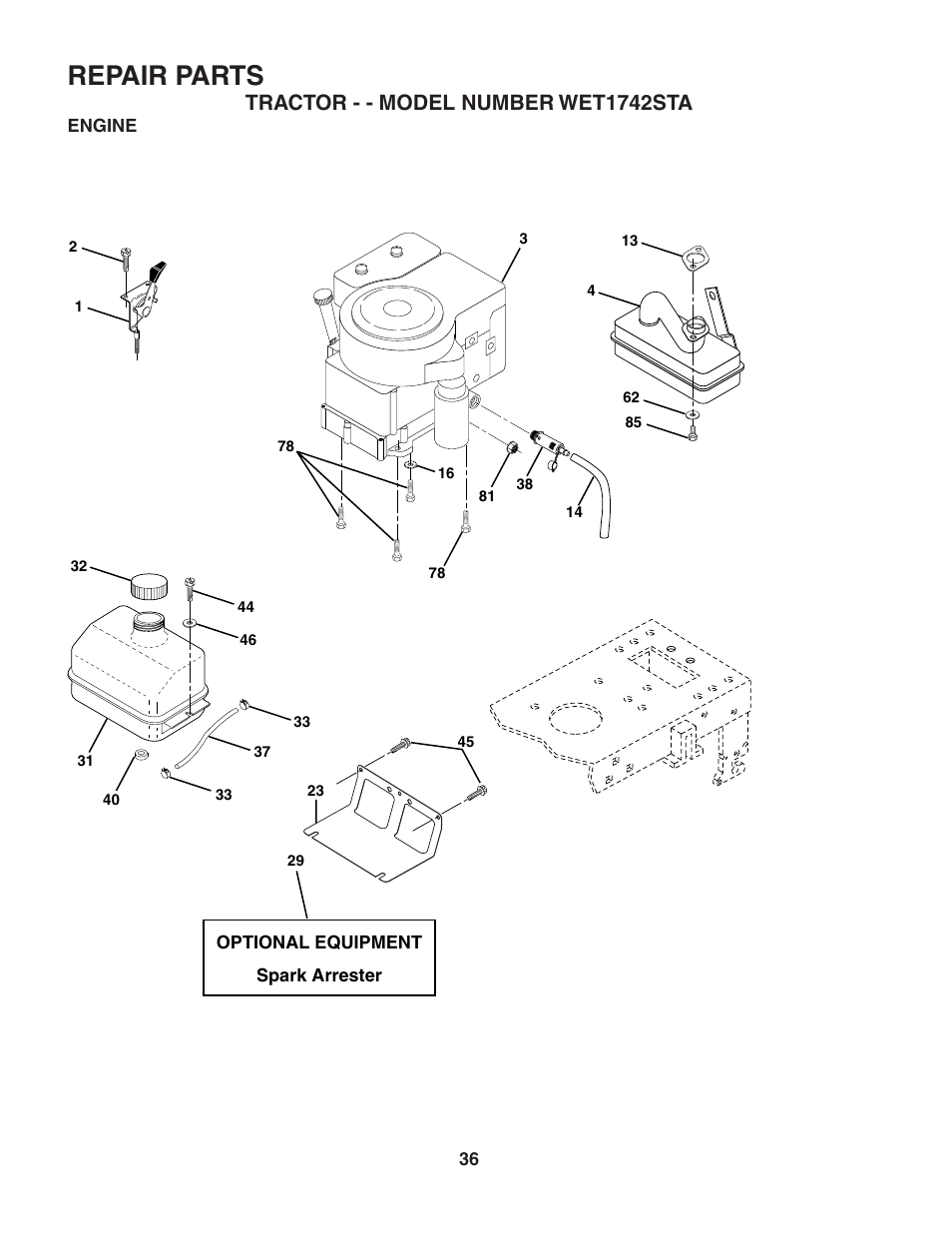 Repair parts, Tractor - - model number wet1742sta | Weed Eater WET1742STA User Manual | Page 36 / 48