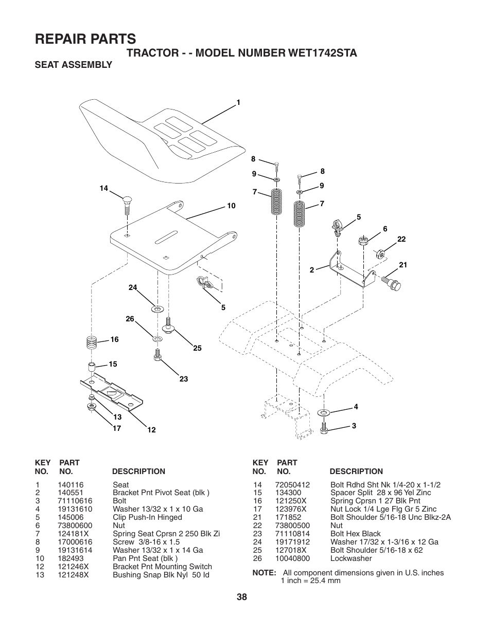 Repair parts, Tractor - - model number wet1742sta | Weed Eater WET1742STA User Manual | Page 38 / 48