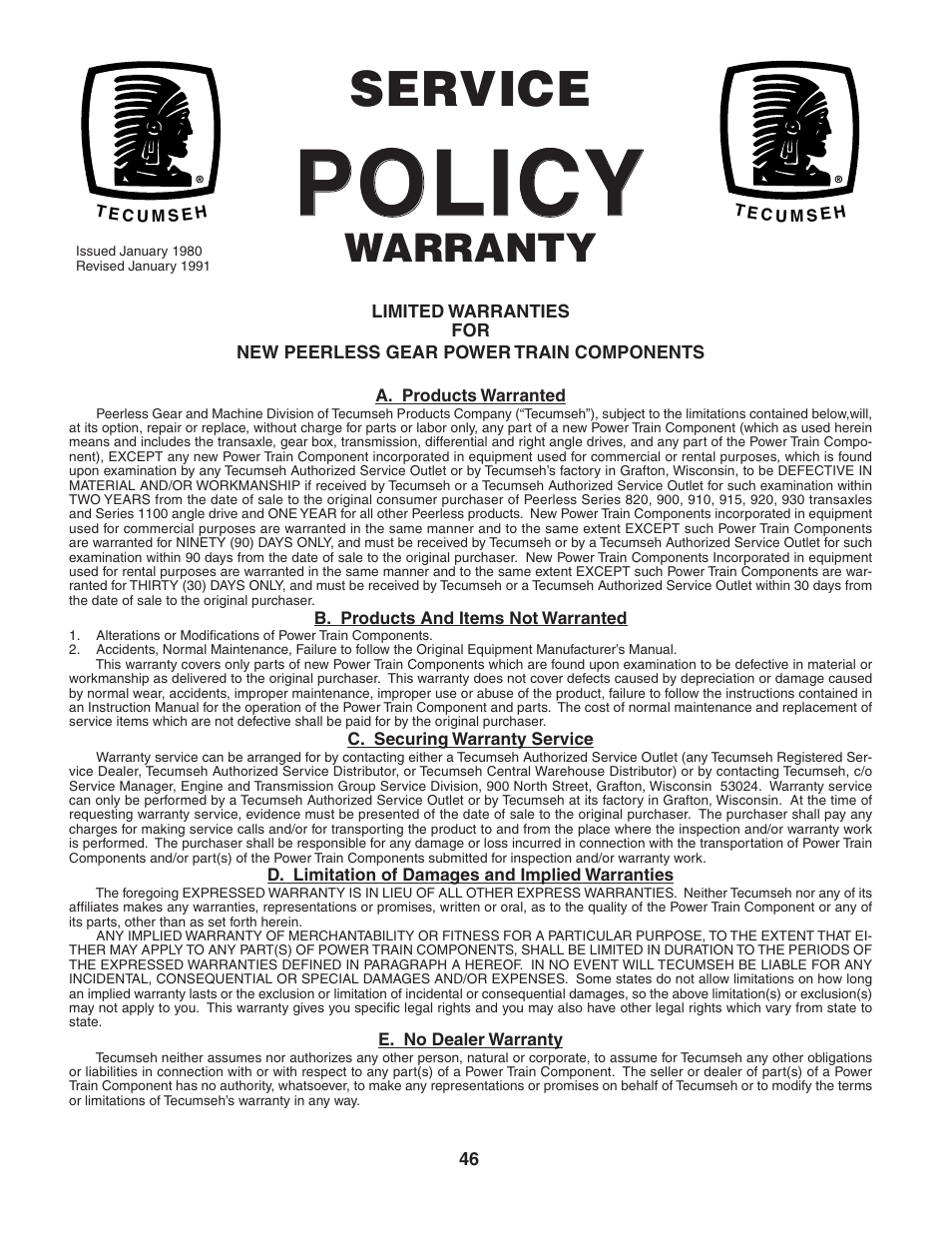Policy, Service, Warranty | Weed Eater WET1742STA User Manual | Page 46 / 48