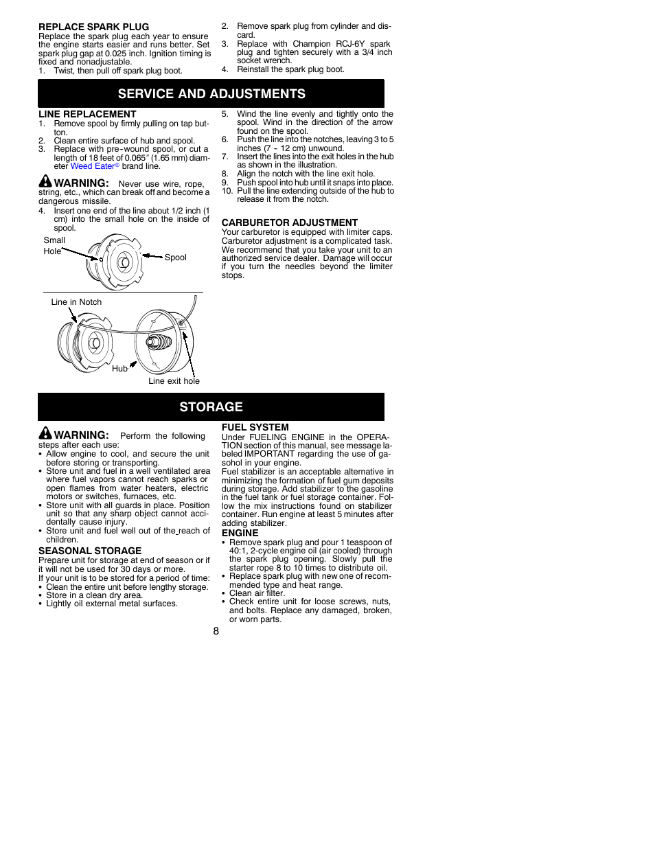 Service and adjustments, Storage | Weed Eater 530088137 User Manual | Page 8 / 11