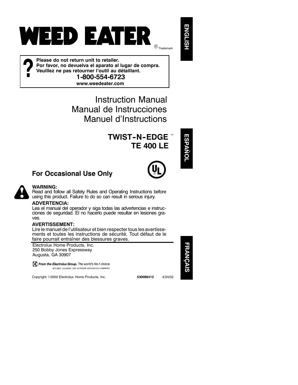 Weed Eater TWIST-N-EDGE 530086412 User Manual | 7 pages