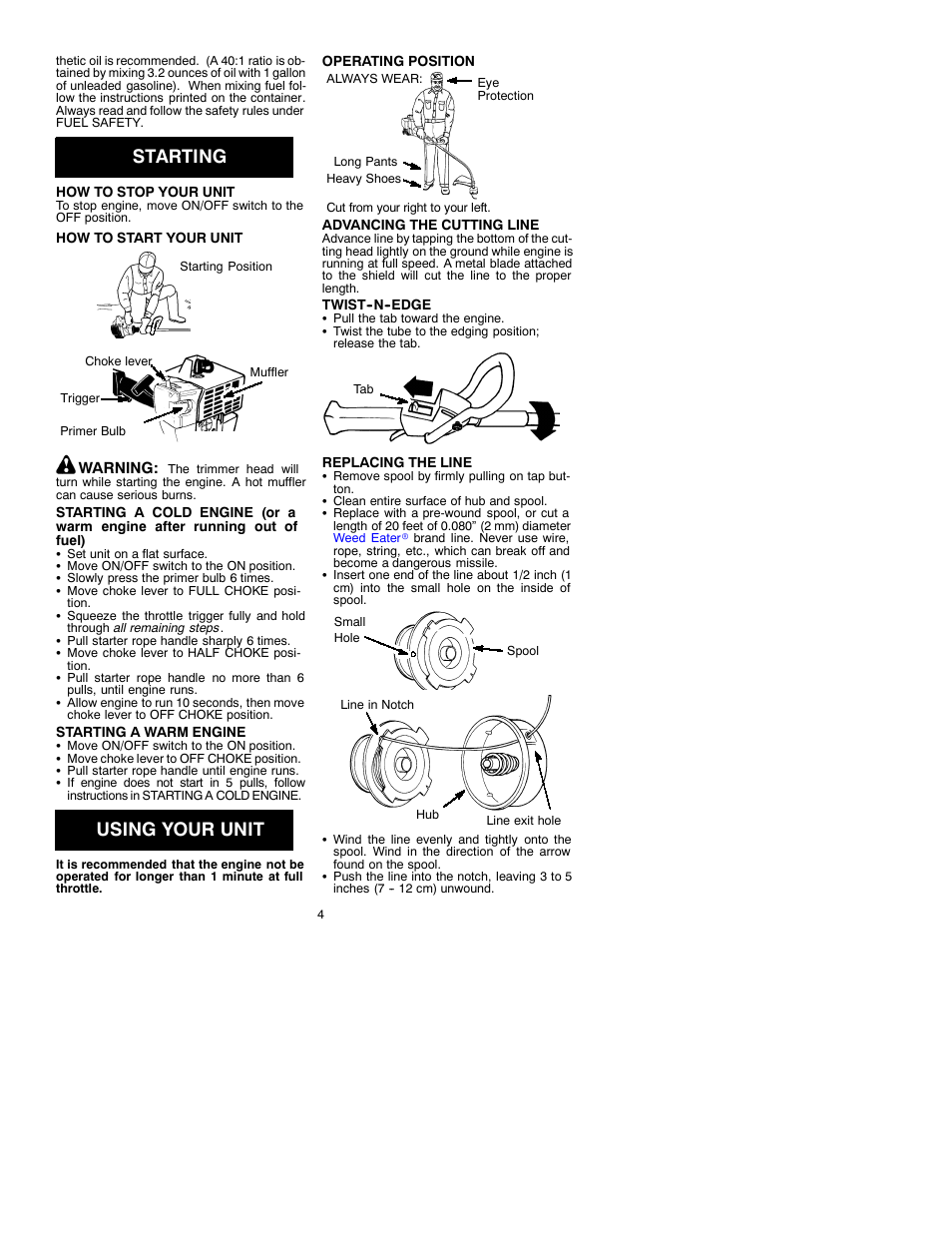 Starting, Using your unit | Weed Eater TWIST-N-EDGE 530086412 User Manual | Page 4 / 7