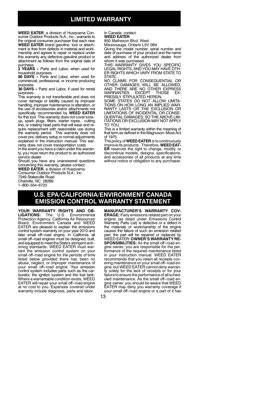 Limited warranty | Weed Eater 545186834 User Manual | Page 13 / 14