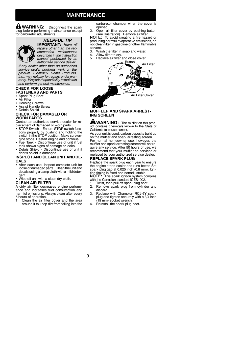 Maintenance, Warning, Helpful tip | Weed Eater 545186834 User Manual | Page 9 / 14
