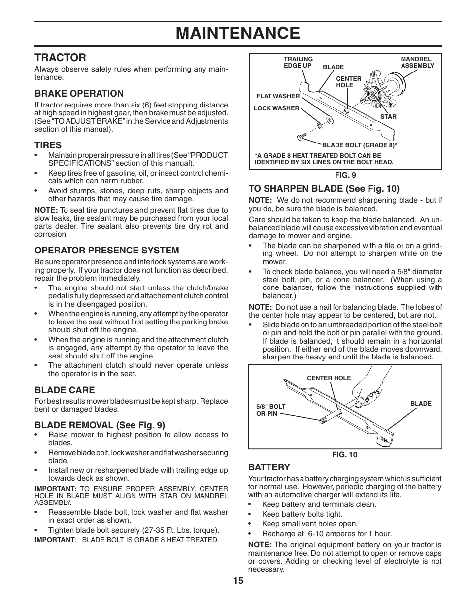 Maintenance, Tractor | Weed Eater 186073 User Manual | Page 15 / 48