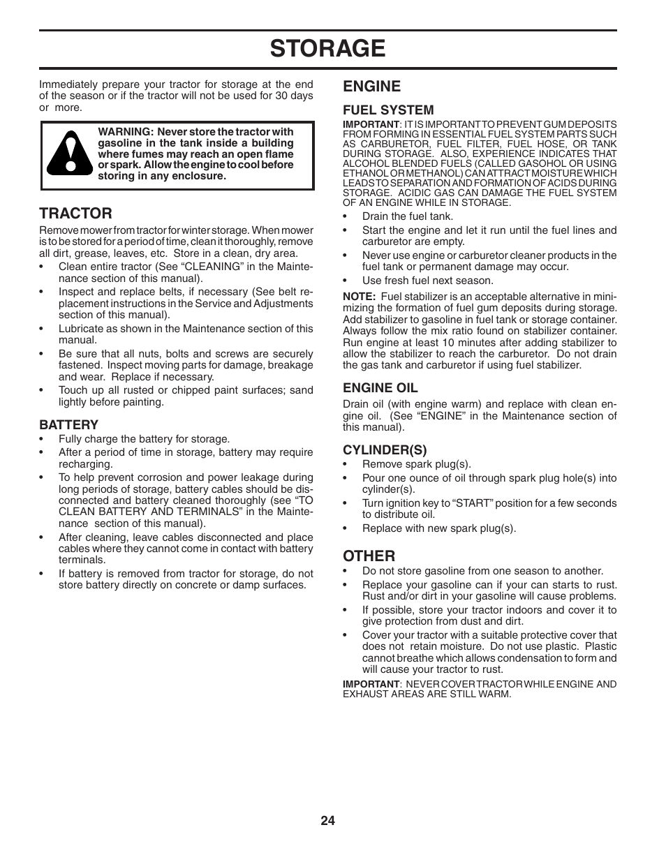 Storage, Tractor, Engine | Other | Weed Eater 186073 User Manual | Page 24 / 48