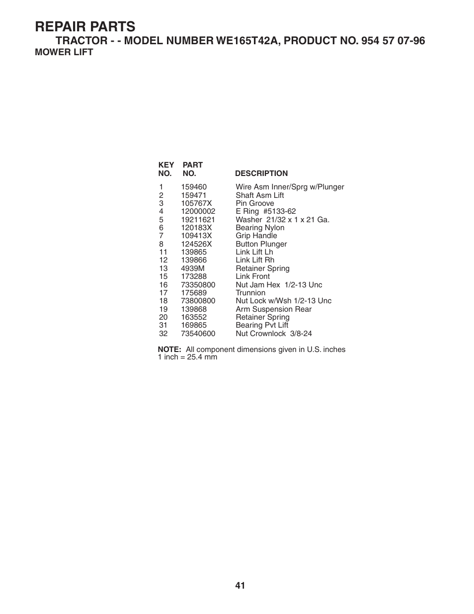 Repair parts | Weed Eater 186073 User Manual | Page 41 / 48