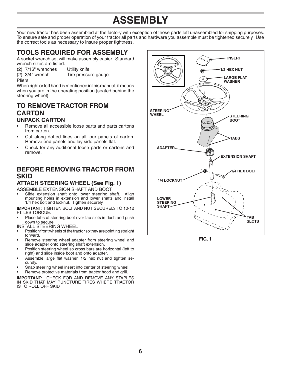 Assembly, Tools required for assembly, Before removing tractor from skid | Weed Eater 186073 User Manual | Page 6 / 48