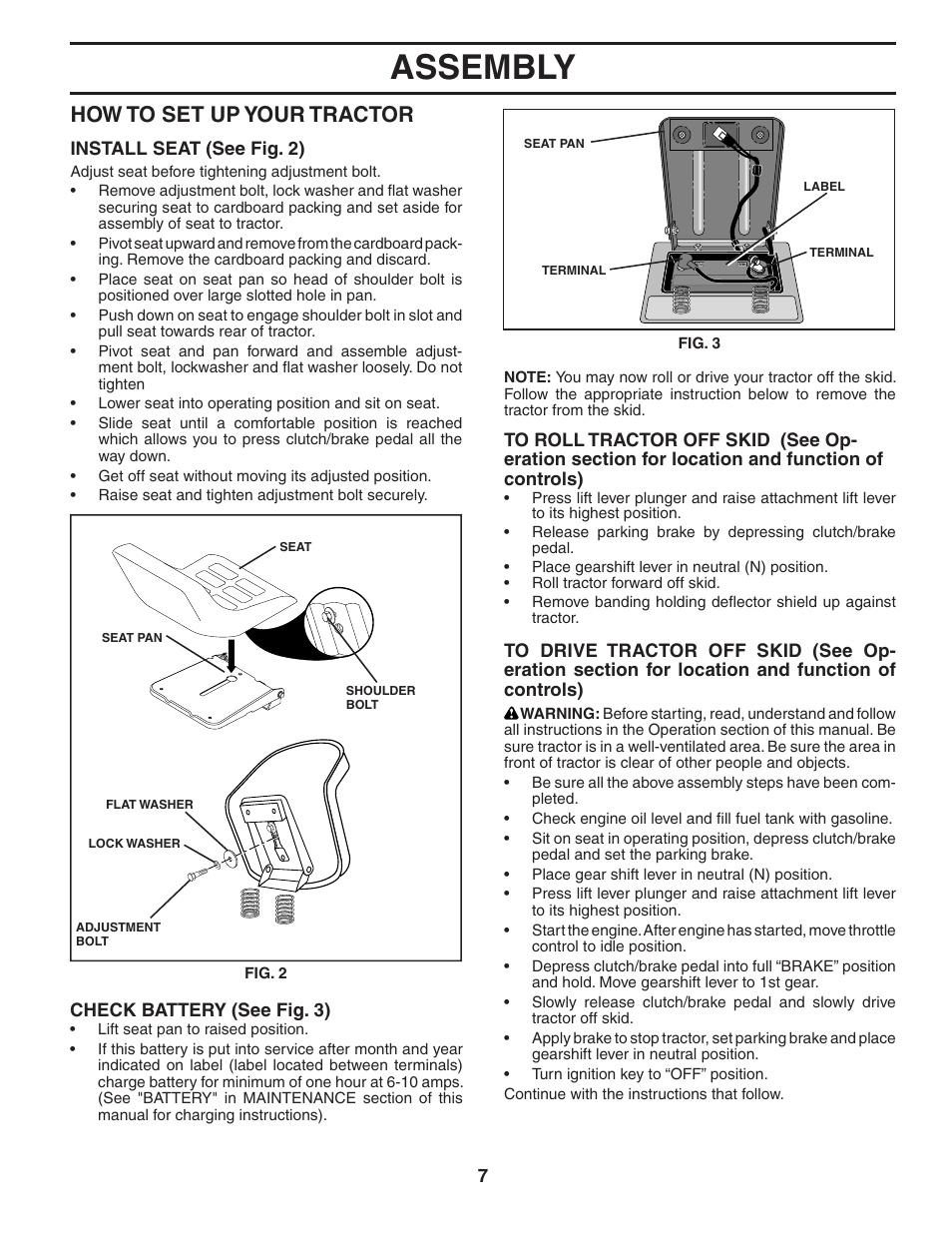 Assembly, How to set up your tractor | Weed Eater 186073 User Manual | Page 7 / 48