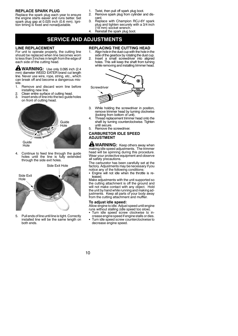Service and adjustments, Warning | Weed Eater SST25C User Manual | Page 10 / 14
