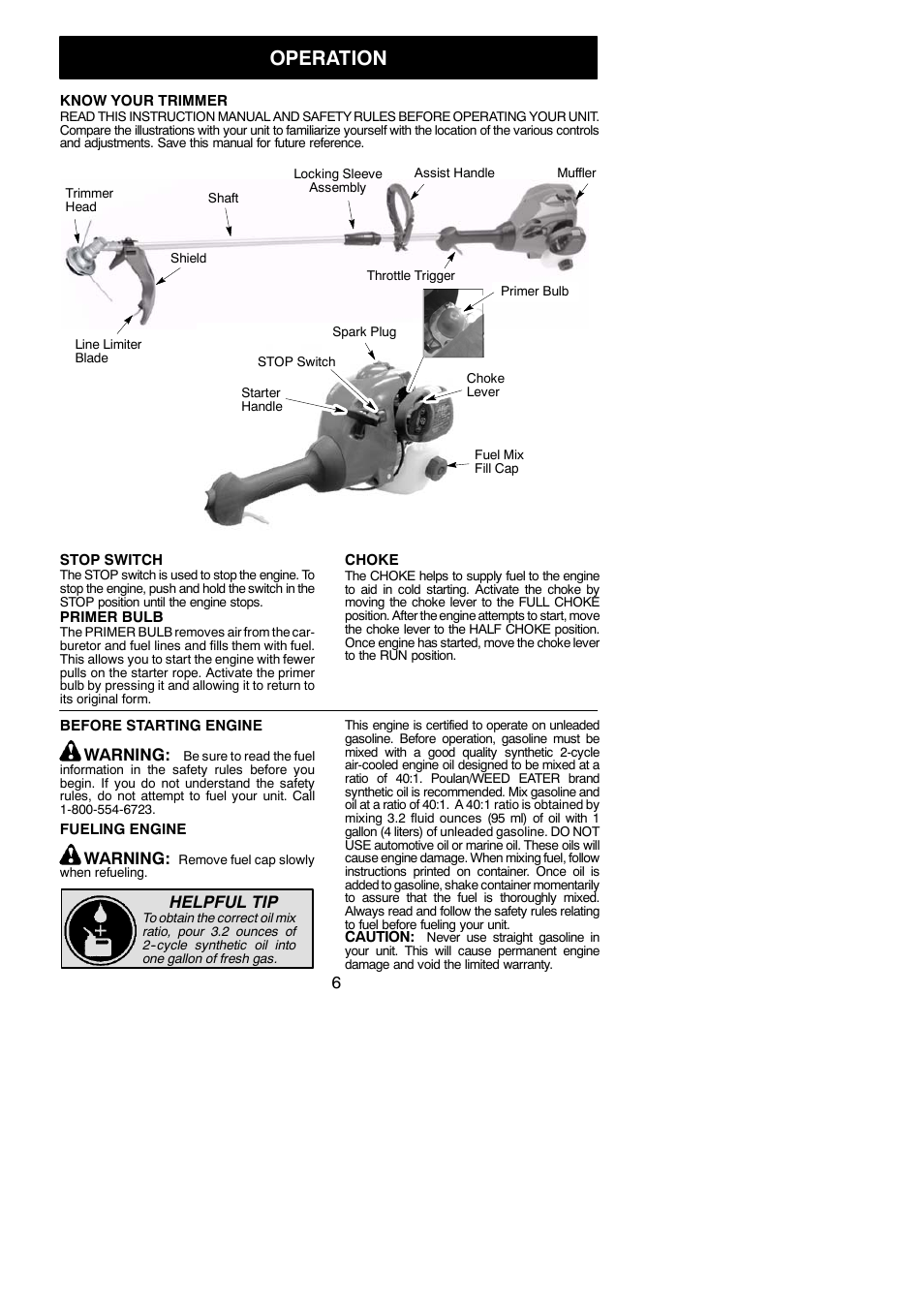 Operation, Warning, Helpful tip | Weed Eater SST25C User Manual | Page 6 / 14