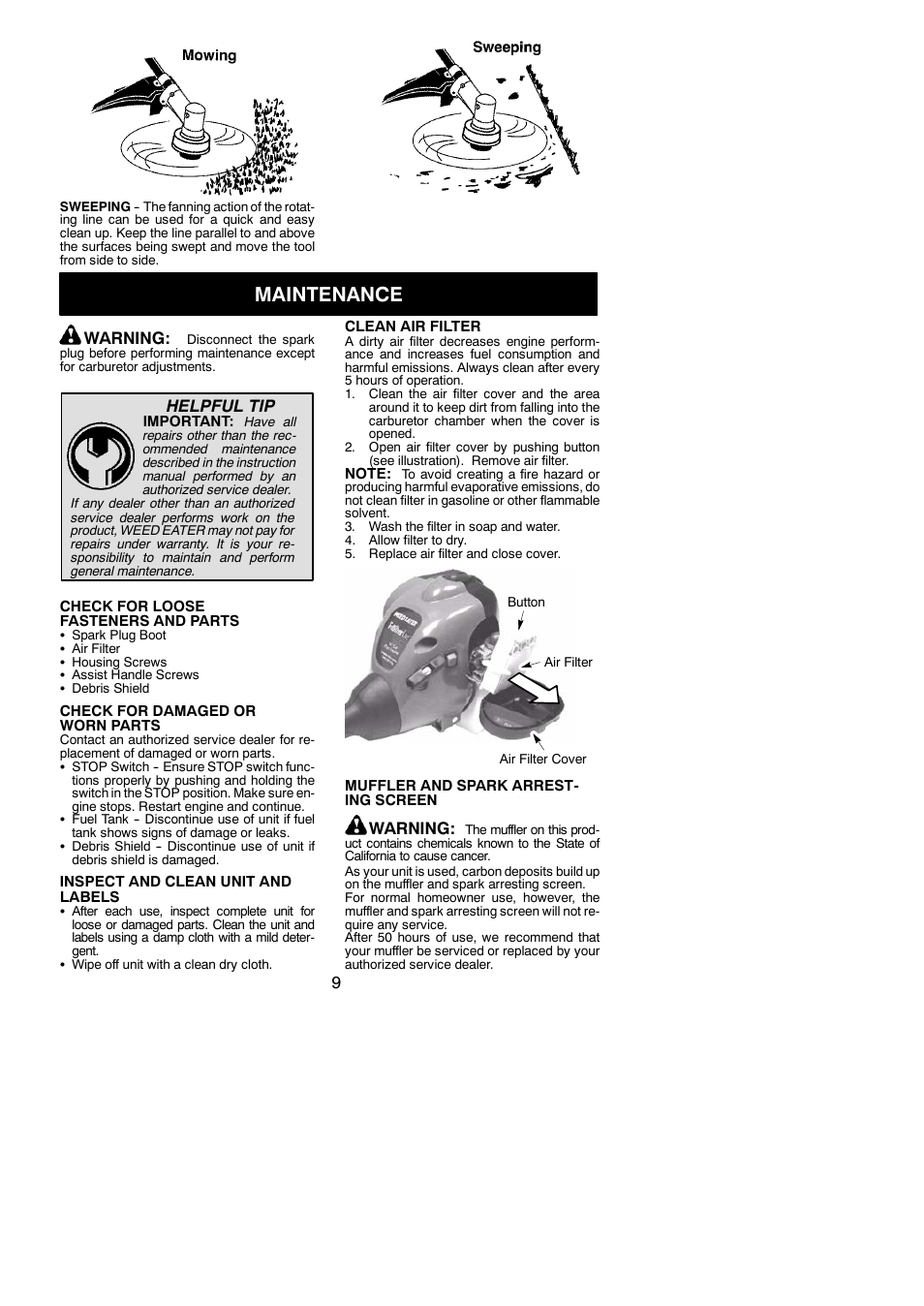 Maintenance, Warning, Helpful tip | Weed Eater SST25C User Manual | Page 9 / 14