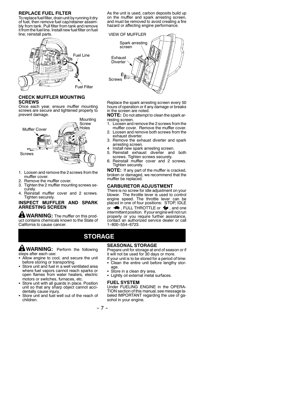 Storage, Warning | Weed Eater 530165291-01 User Manual | Page 7 / 10