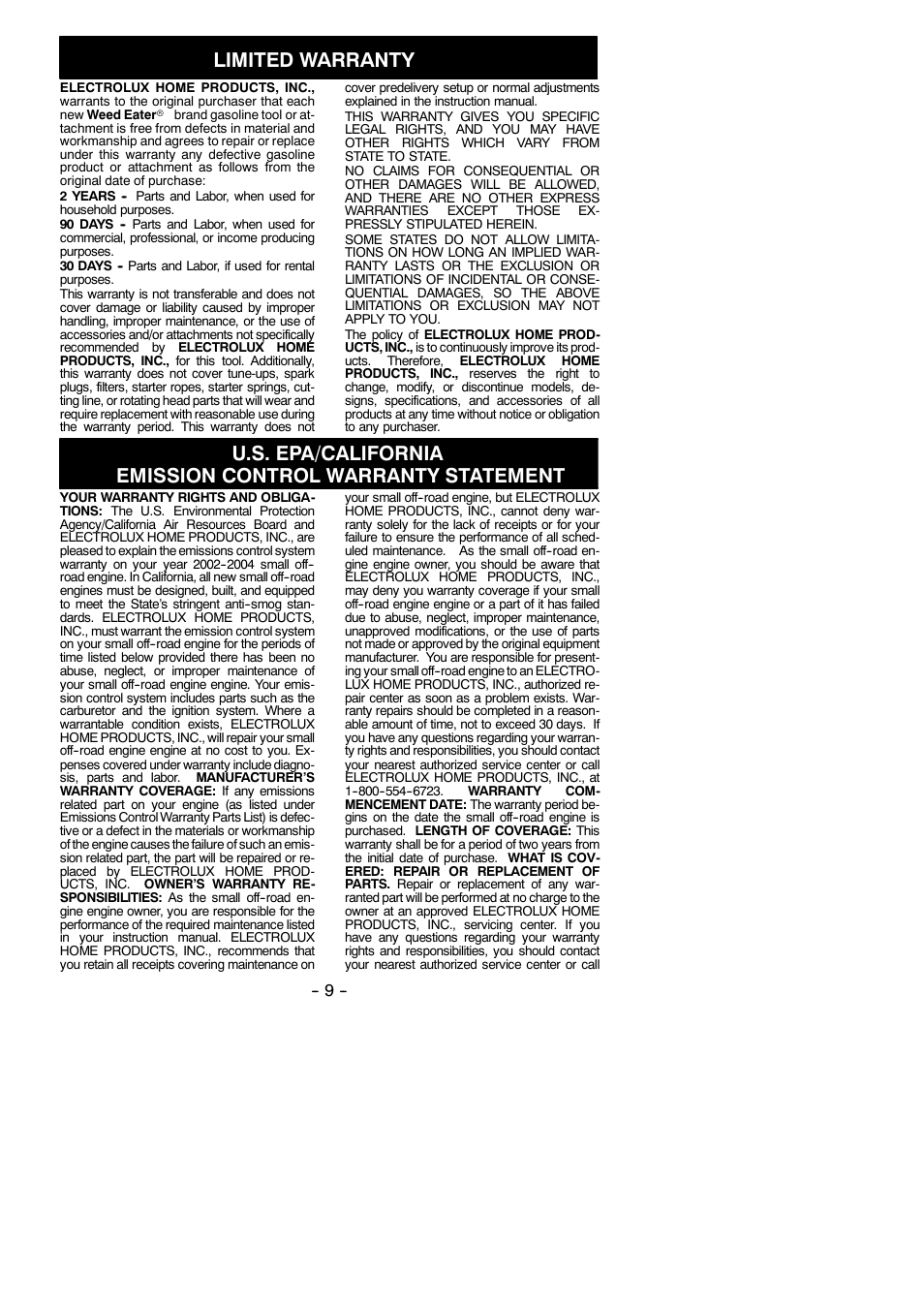 Limited warranty | Weed Eater 530165291-01 User Manual | Page 9 / 10