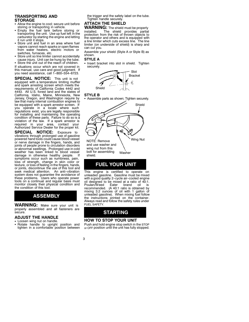 Assembly, Fuel your unit, Starting | Warning | Weed Eater 530087310 User Manual | Page 3 / 7