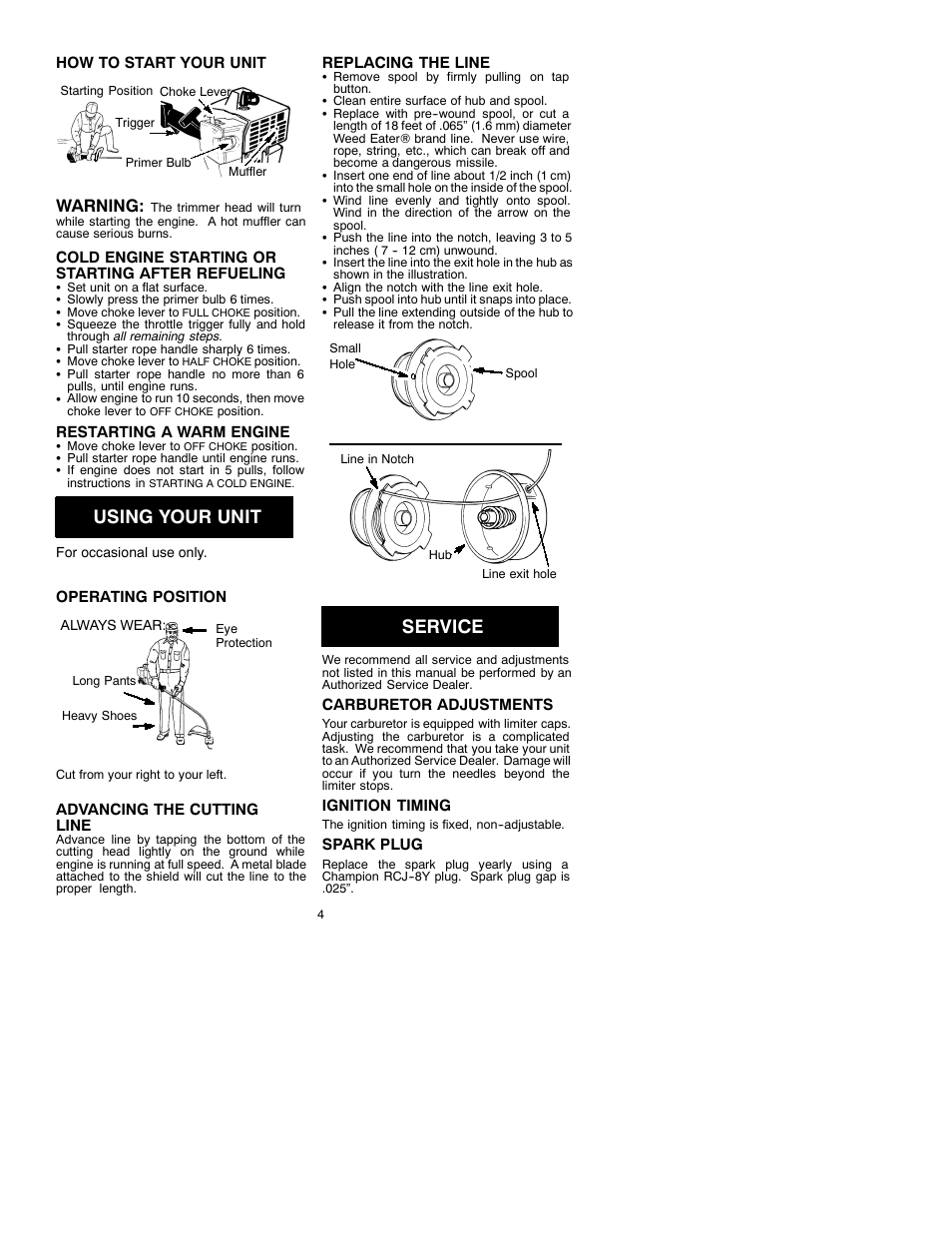 Using your unit, Service, Warning | Weed Eater 530087310 User Manual | Page 4 / 7